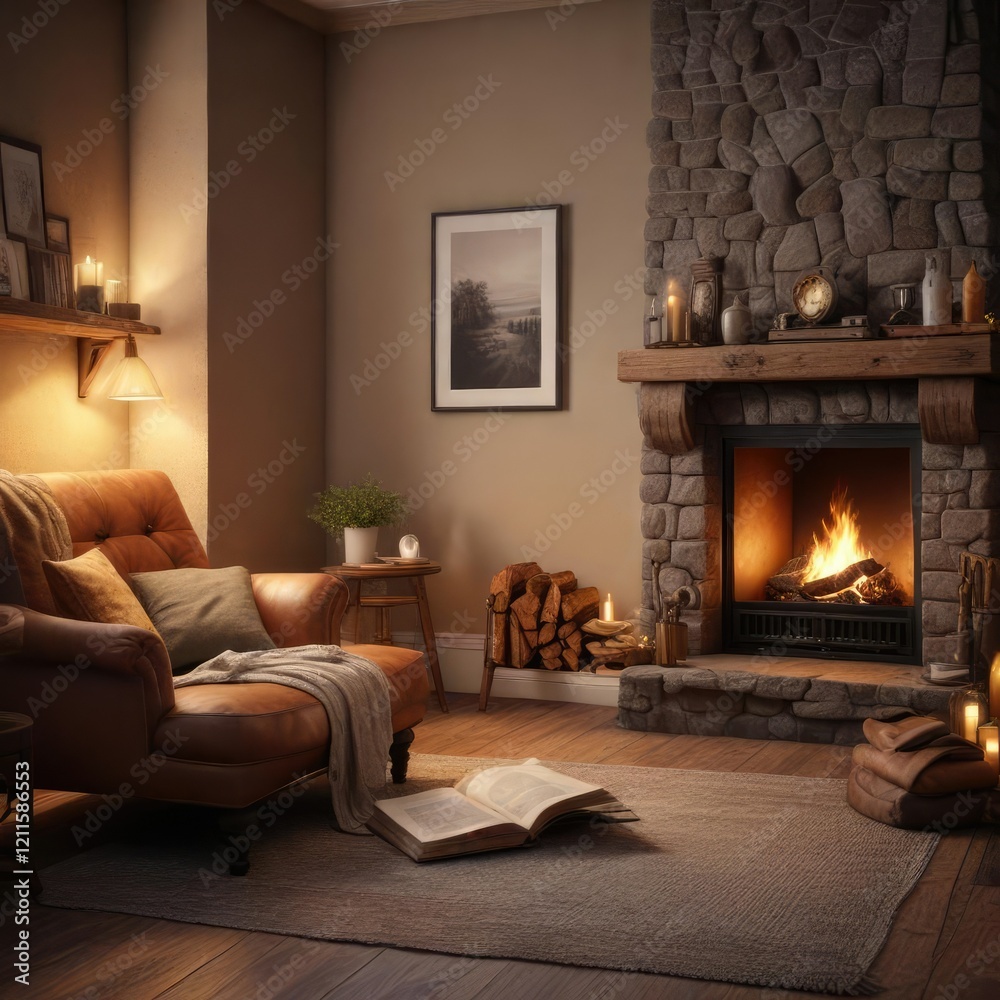 Cozy reading nook beside a crackling fireplace, soft blanket, warm lighting
