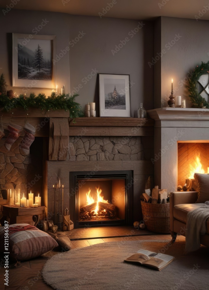 Cozy reading nook next to a crackling fireplace on Christmas Eve, cozy reading nook, fireplace Cozy reading nook next to a crackling fireplace on Christmas Eve, cozy reading nook, fireplace