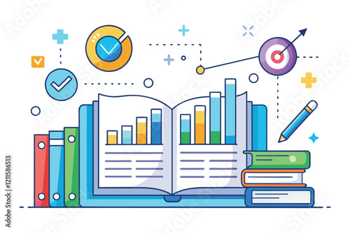 An open book displays bar graphs and quality metrics with a pencil, representing data analysis, line book survey with quality tests and reports