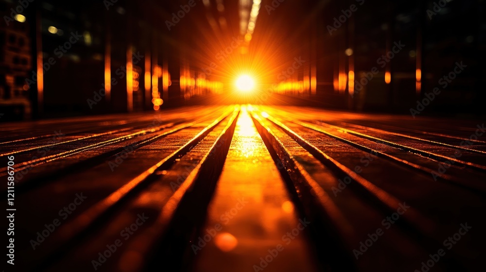 Golden Sunset Over Railway Tracks with Vibrant Light Reflections Golden Sunset Over Railway Tracks with Vibrant Light Reflections