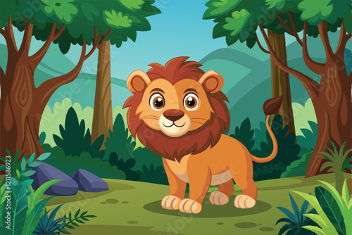 A friendly cartoon lion stands in a lush forest, surrounded by greenery and gentle hills, Lion cartoon with forest background