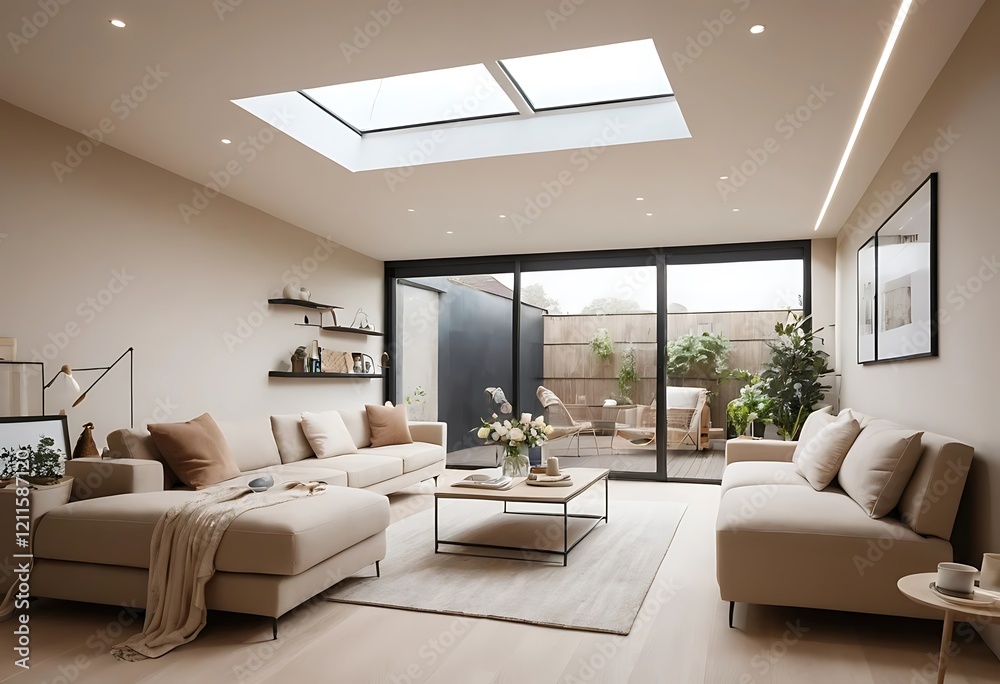 Fototapeta premium Modern Living Room Design With Skylight And Patio Access