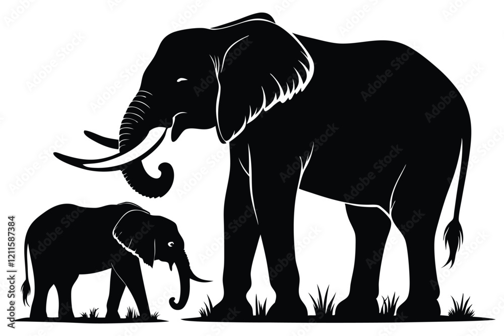 Fototapeta premium silhouette of an elephant with a baby elephant vector illustration