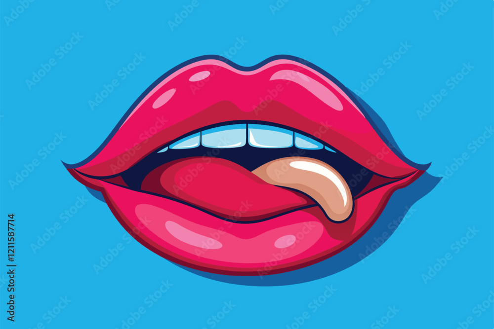 A vibrant cartoon illustration features lips with lip filler and a playful tongue gesture against a blue backdrop, Lip filler Customizable Cartoon Illustration A vibrant cartoon illustration features lips with lip filler and a playful tongue gesture against a blue backdrop, Lip filler Customizable Cartoon Illustration