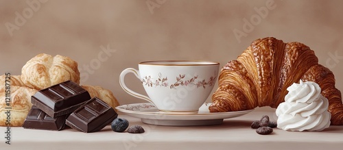 Delicate still life featuring chocolate squares, croissants, and a floral teacup with cream, arranged on a soft beige background. photo