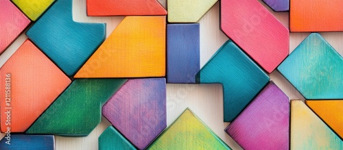 Colorful wooden arrow-shaped blocks in vibrant hues of orange, teal, pink, and green, artistically arranged on a light background from above photo