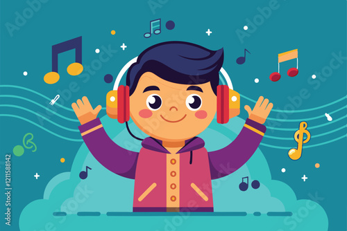 A cheerful cartoon character wears headphones and celebrates music with joyful expressions and colorful notes, Listening happy music Customizable Cartoon Illustration