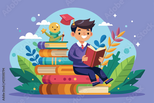 A cheerful boy absorbed in a book sits atop a vibrant stack of literature surrounded by playful elements, Literature Customizable Cartoon Illustration