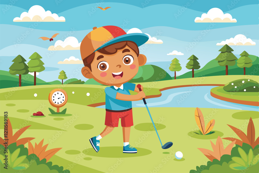 A cheerful boy practices his golf swing on a sunny day at a vibrant golf course beside a river, Little Boy Playing Golf on a Golf Course. A cheerful boy practices his golf swing on a sunny day at a vibrant golf course beside a river, Little Boy Playing Golf on a Golf Course.