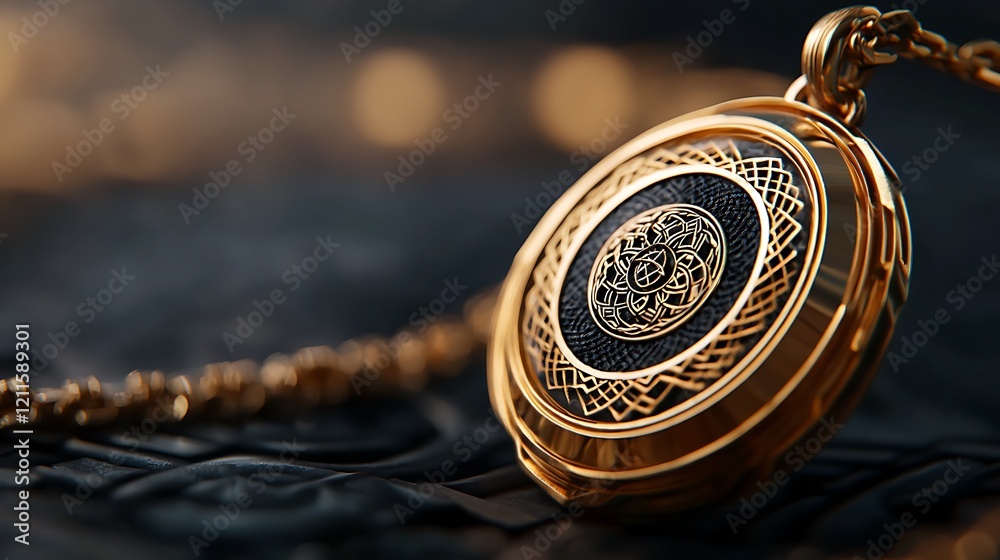 Fototapeta premium Elegant gold locket pendant, dark background, close-up. Jewelry, luxury, fashion, advertising