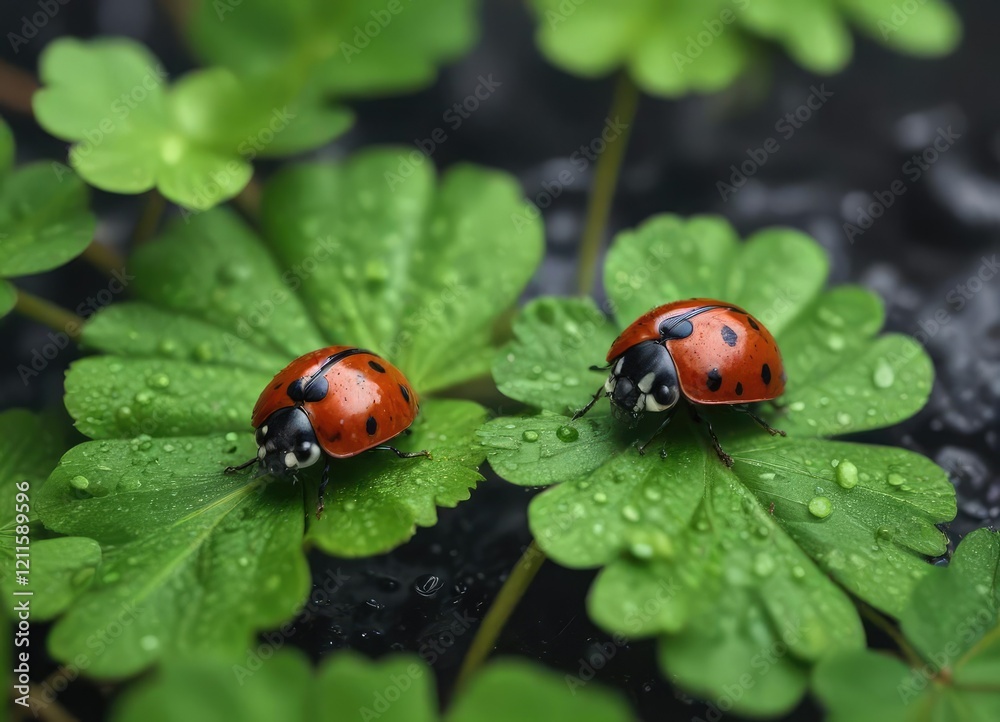 Fototapeta premium Detailed shot of a ladybug crawling on a wet four-leaf clover, four leaves, insect biology, insect body