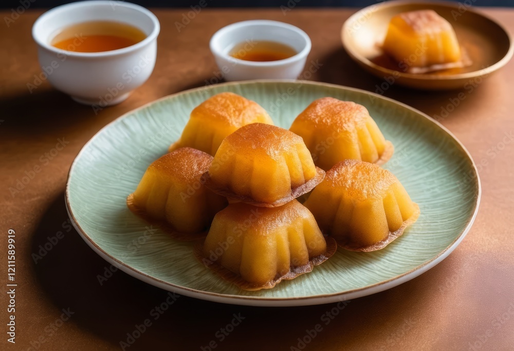 Golden Brown Custard Cakes on Elegant Plate with Tea Cups, Close-up Still Life Photography Golden Brown Custard Cakes on Elegant Plate with Tea Cups, Close-up Still Life Photography