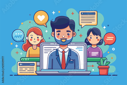 Animated characters participate in a lively virtual meeting, showcasing collaboration and interaction, Live collaboration Customizable Cartoon Illustration