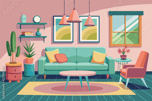 A cozy living room showcases a pastel furniture set with vibrant accents and lively plants creating a warm atmosphere, Living room furniture pastel set,