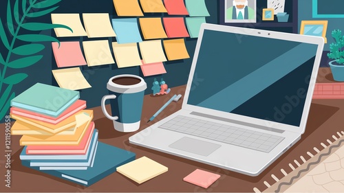 A vibrant workspace featuring a laptop, colorful sticky notes, and a coffee cup, designed to inspire productivity and creativity in a modern office environment. photo