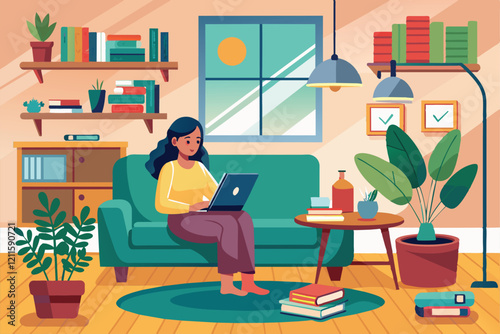 A woman relaxes in her living room, focused on her laptop while surrounded by greenery and books, Living room interior woman sitting relaxing and studying