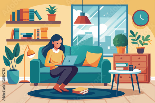 A woman sits comfortably on a sofa, using her laptop in a welcoming living room filled with plants and books, Living room interior woman sitting relaxing and studying