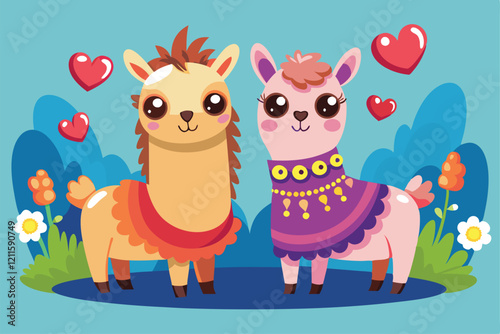 Two adorable cartoon llamas express their affection with hearts floating around them in a colorful landscape, Llamas in love Customizable Cartoon Illustration