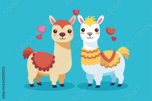 Two adorable llamas express their affection with hearts floating around them against a vibrant blue backdrop, Llamas in love Customizable Flat Illustration