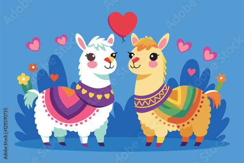 Two charming llamas with colorful accessories express love surrounded by hearts and flowers, Llamas in love Customizable Cartoon Illustration
