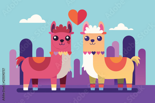 Two cheerful llamas express their affection with a heart symbol while surrounded by a vibrant backdrop, Llamas in love Customizable Flat Illustration