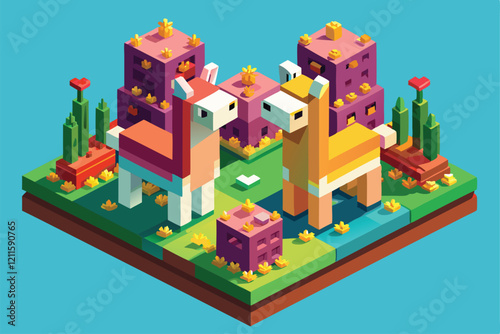 Two cheerful llamas share a moment in a colorful isometric landscape filled with flowers and hills, Llamas in love Customizable Isometric Illustration