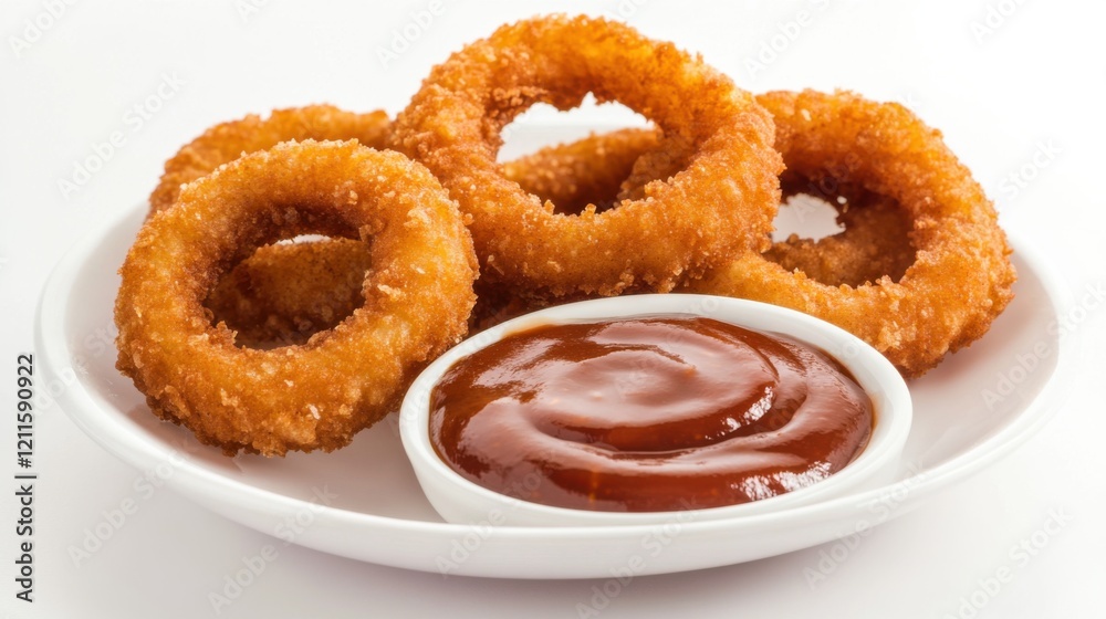 A plate of crispy onion rings with a golden, crunchy coating and a side of tangy barbecue sauce, Each ring’s crispy texture and sweet onion flavor captured with precision A plate of crispy onion rings with a golden, crunchy coating and a side of tangy barbecue sauce, Each ring’s crispy texture and sweet onion flavor captured with precision