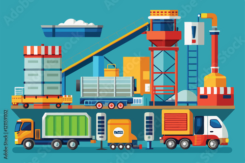 Cargo containers and trucks are actively being loaded at an industrial site under clear blue skies, Loading big set,