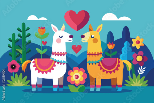 Two llamas express affection surrounded by vibrant flowers and greenery in a whimsical setting, Llamas in love Customizable Semi Flat Illustration