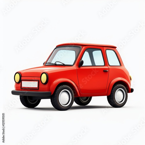 Red cartoon car, small, cute, isolated on white.