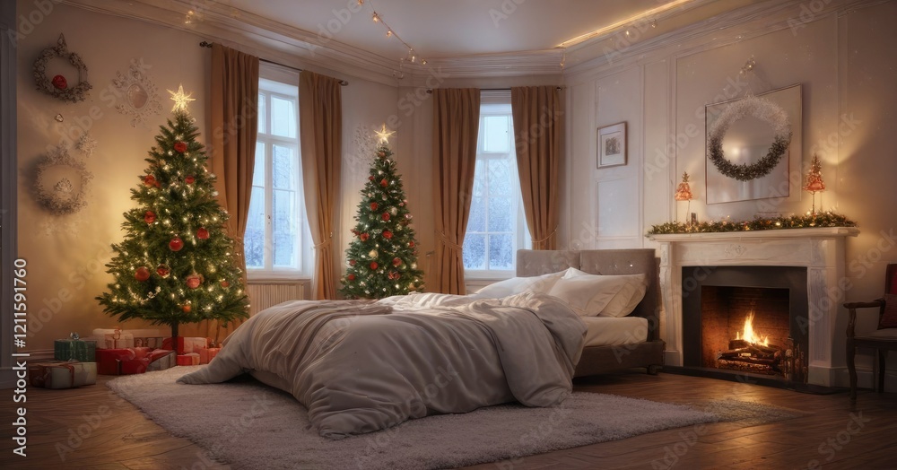 Fototapeta premium Festive bedroom with Christmas tree and snowflakes, seasonal decor, festive room