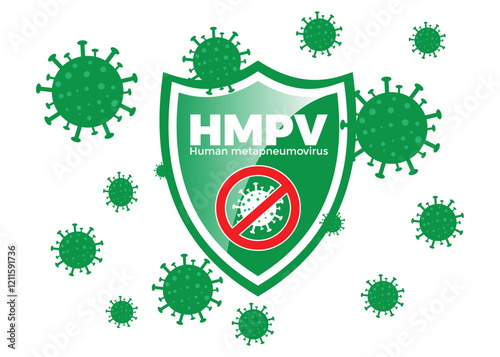 HMPV virus with shield protection banner. Human metapneumovirus vector illustration. HMPV virus respiratory icon.