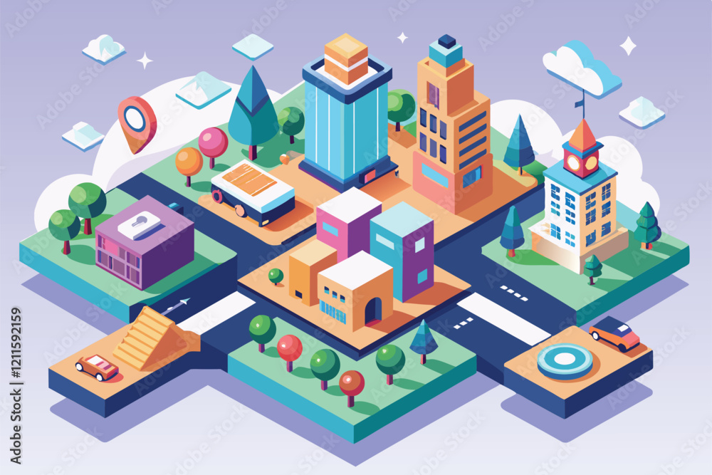 A colorful isometric illustration depicting an urban area with diverse buildings, roads, and trees, Location review Customizable Isometric Illustration A colorful isometric illustration depicting an urban area with diverse buildings, roads, and trees, Location review Customizable Isometric Illustration