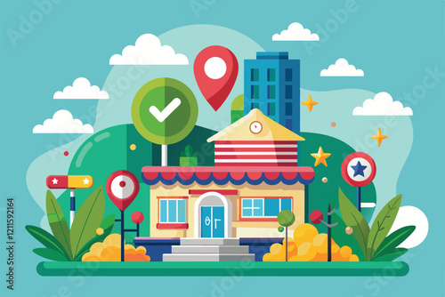 A bright and colorful illustration of a semi-flat architectural design showcasing a playful building amidst greenery, Location review Customizable Semi Flat Illustration