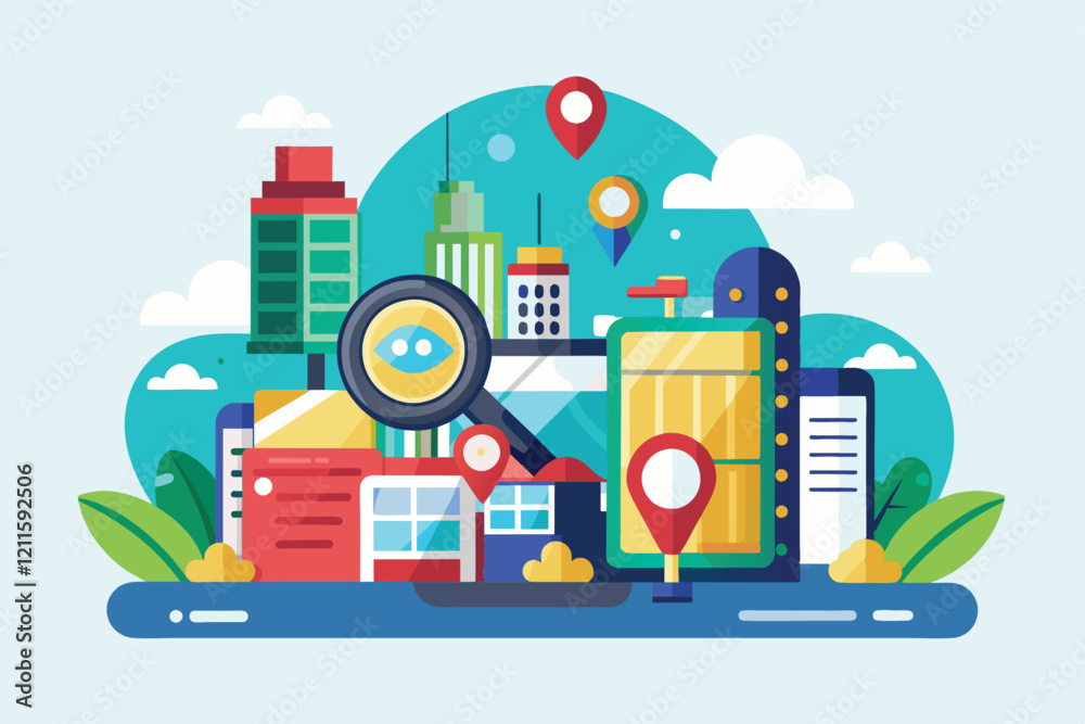 A vibrant cityscape illustrates customizable elements for location searches with various buildings and markers, Location search Customizable Semi Flat Illustration A vibrant cityscape illustrates customizable elements for location searches with various buildings and markers, Location search Customizable Semi Flat Illustration