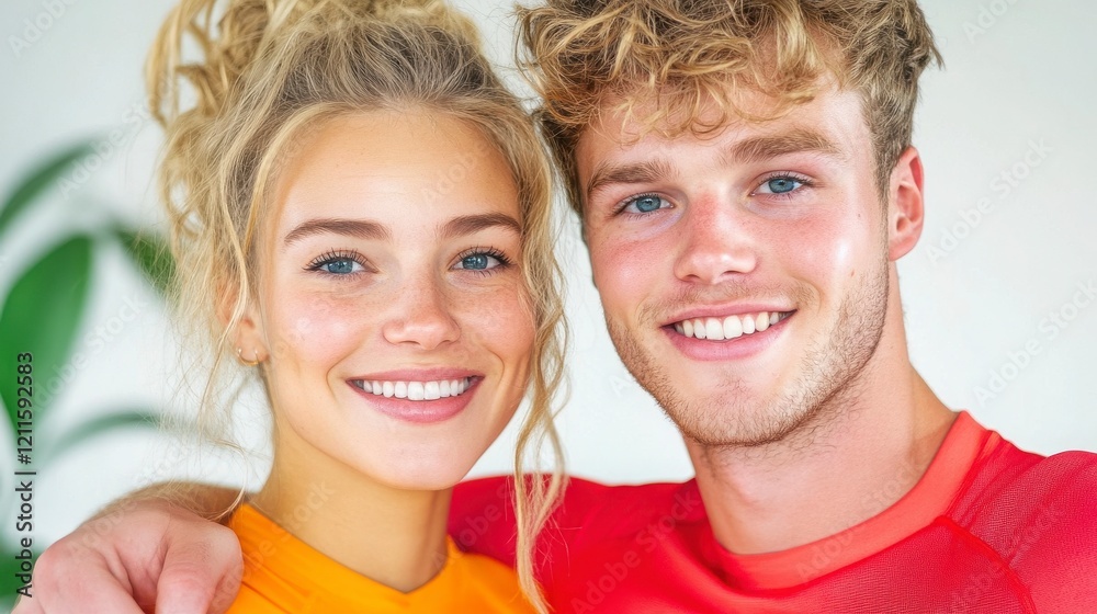 Cheerful Young Couple Posing Together in Bright Colorful Attire