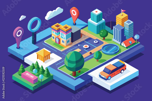 A vibrant isometric illustration of a customizable city layout with buildings and location markers, Location search Customizable Isometric Illustration