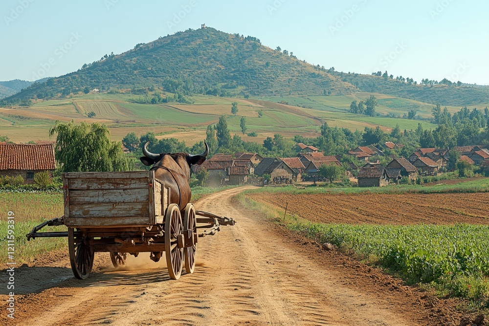 Obraz premium Ox-drawn cart on dirt road, rural village.