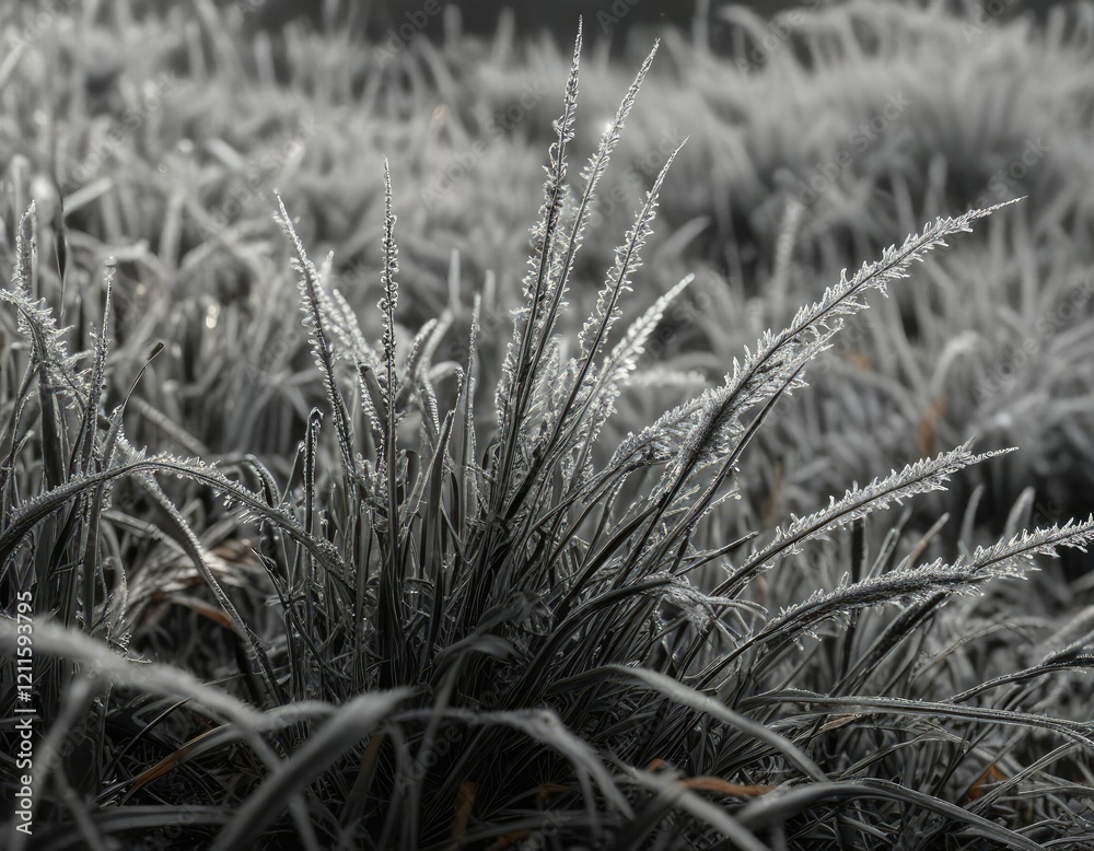 Fototapeta premium Frost-covered blades of grass in a stark black and white composition, black, frost