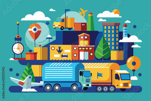 A colorful semi-flat illustration depicting logistics elements like trucks, warehouses, and transportation features, Logistics Customizable Semi Flat Illustration