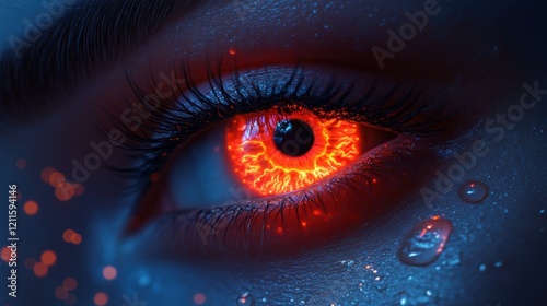 Close-up of a human eye with glowing red iris, set against a dark background with shimmering particles