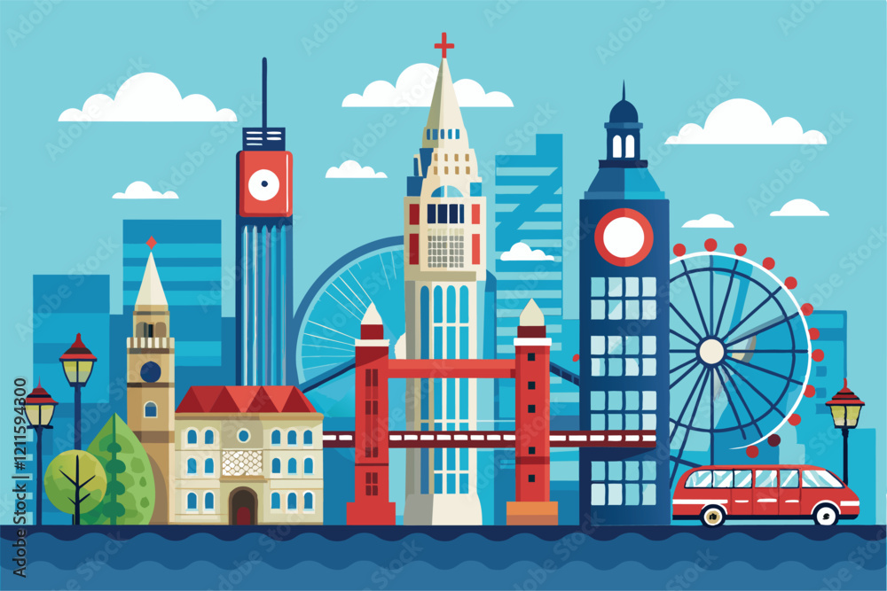 Fototapeta premium Explore a colorful depiction of Londonâ€™s famous landmarks featuring a customizable flat in the foreground, London Customizable Flat Illustration