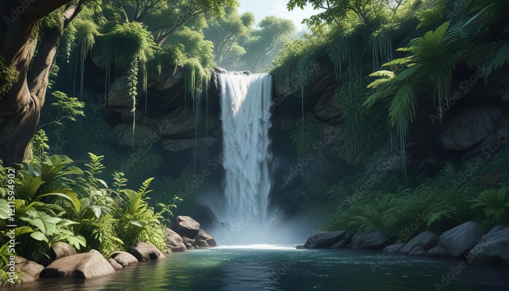 Naklejka premium Scenic view of waterfall surrounded by dense foliage, beautiful, adventure, jungle