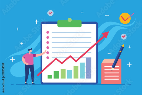 A person presents a chart showing growth trends and contract milestones in a modern office environment, Long term work contract trending