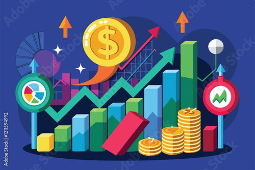 The dollar market is depicted with growth charts, financial symbols, and gold coins illustrating trends, Look at the dollar market price