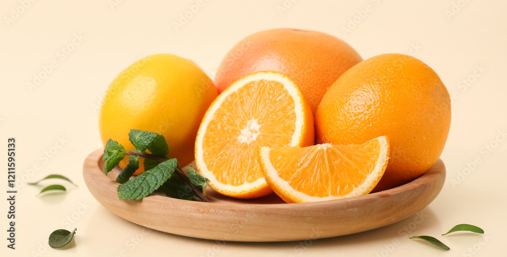 Wooden plate with ripe citrus fruits on beige background Wooden plate with ripe citrus fruits on beige background