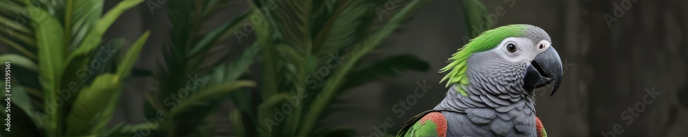 Fototapeta premium Colorful African grey parrot with bright green feathers, African grey, colorful