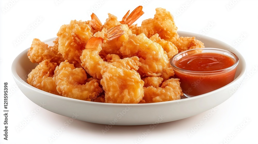 Crispy golden shrimp tempura with dipping sauce in bowl Crispy golden shrimp tempura with dipping sauce in bowl