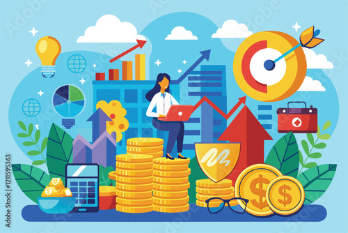 A business professional researches investment options using a laptop among various financial charts and coins, Looking for investment opportunities
