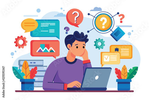 A person sits at a desk with a laptop, looking for solutions to internet troubleshooting problems, Looking for internet trouble solutions